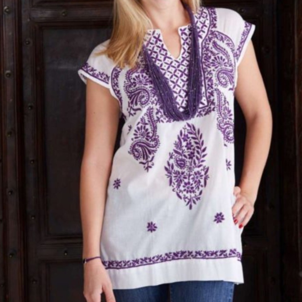 Jayshree Dalal CELINA EMBROIDERY Tunic Top In White & Pink Size XL